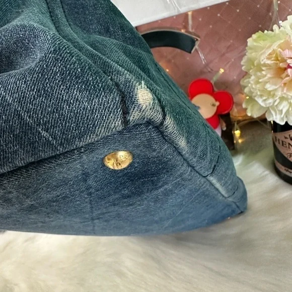 PRADA CANAPA LARGE DENIM TOTE AVIO BLUE LOGO BAG ITALY AUTHENTIC DUST BAG/CARD - Picture 10 of 16